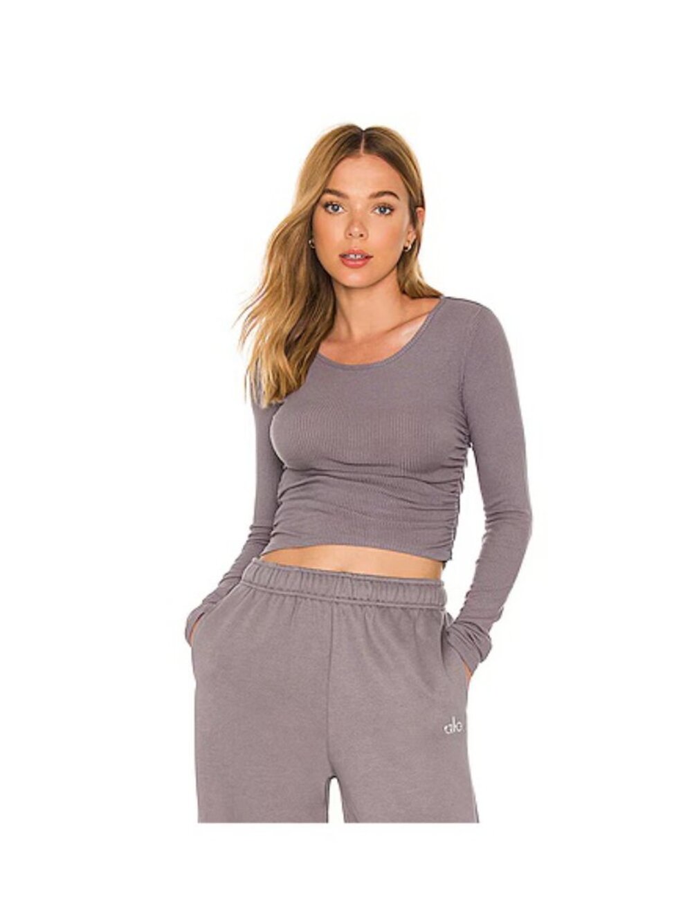 alo Yoga Gather Long Sleeve Crop Top / Large / Purple Dusk Ribbed